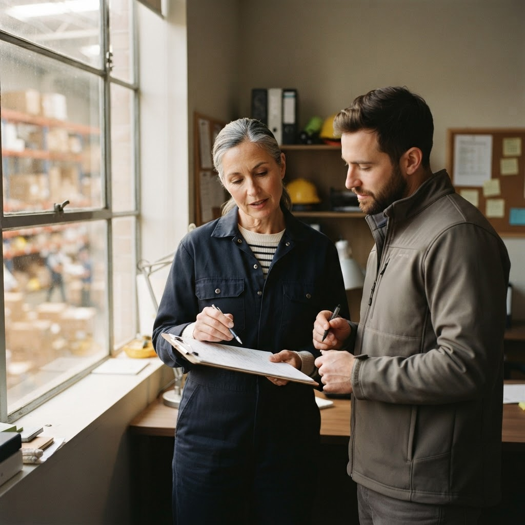 Operations manager reviewing a shift schedule with a staffing coordinator
